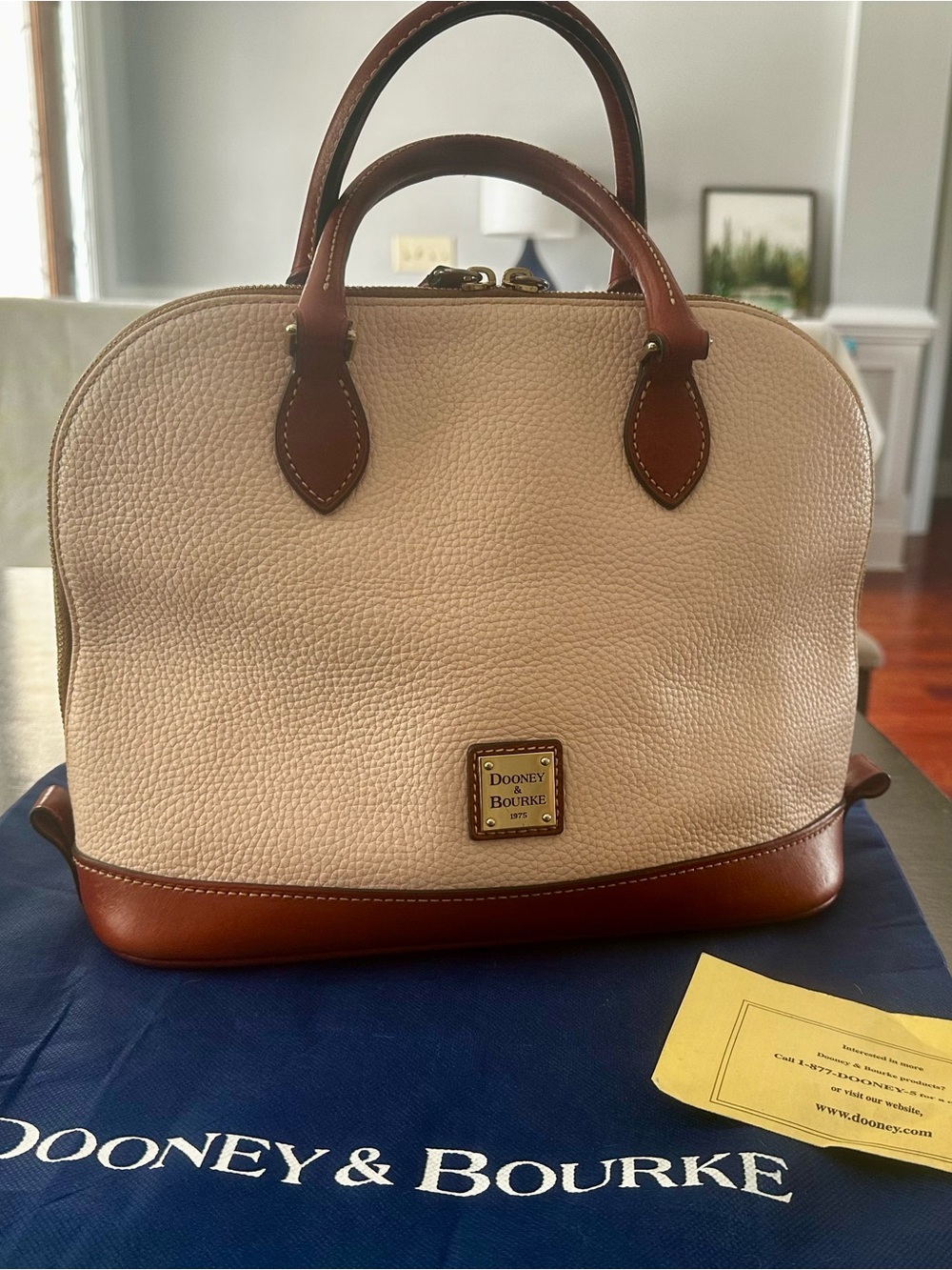 Dooney & Bourke Pebble Leather Domed Satchel Bone Tan & Brown Handbag - Dust Bag